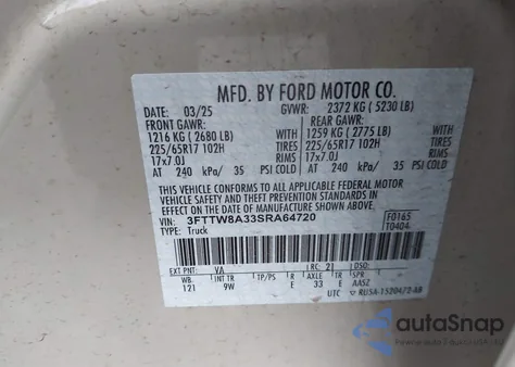 2025 Ford Maverick Xl из США, поврежденный, VIN 3FTTW8A33SRA64720